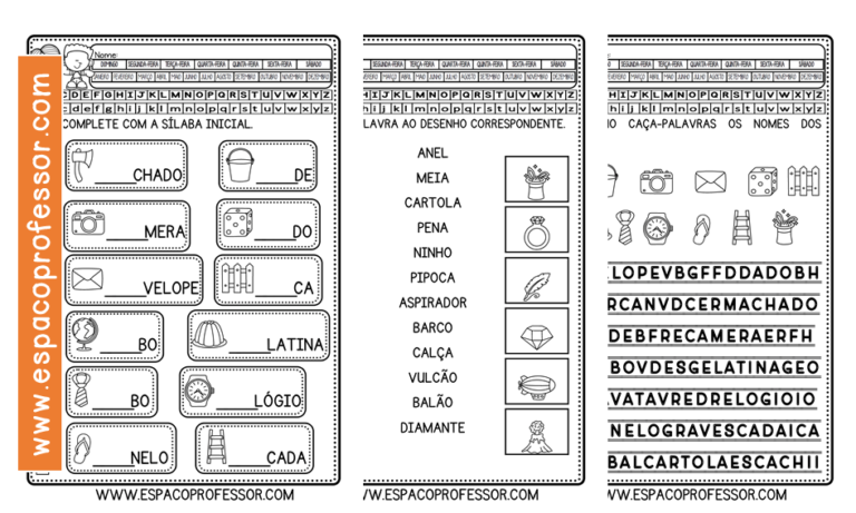 Atividade de alfabetização, sílaba e leitura de palavras