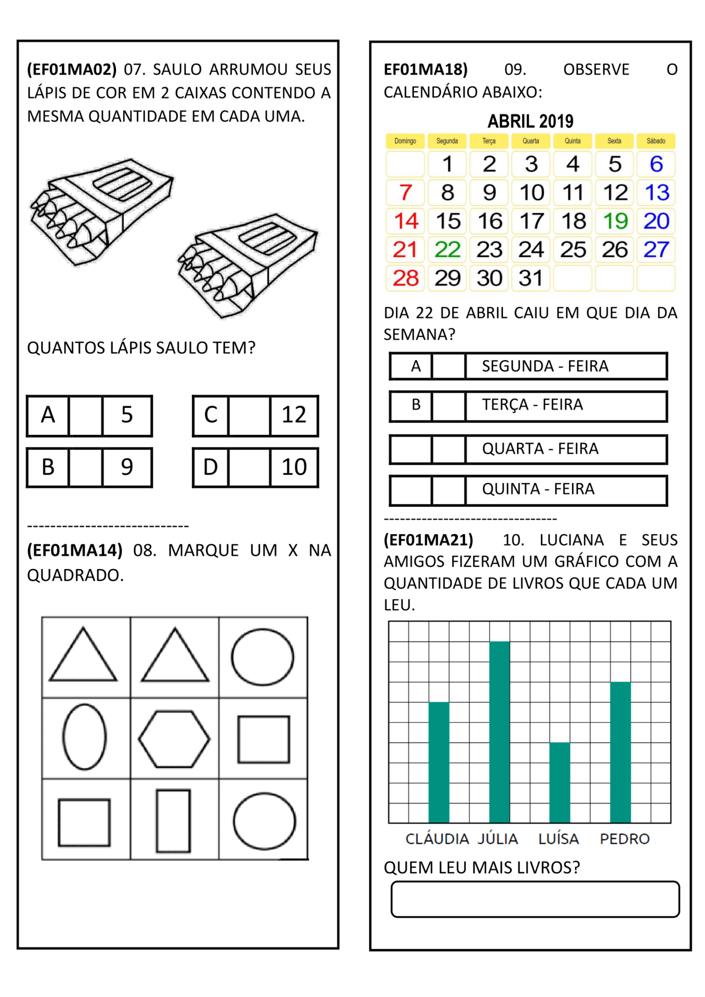 Avaliação de matemática º ano com habilidades BNCC