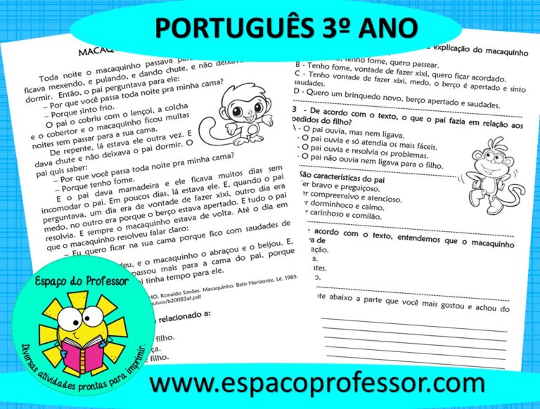 Atividade de português 3º ano – Interpretação de texto macaquinho carinhoso