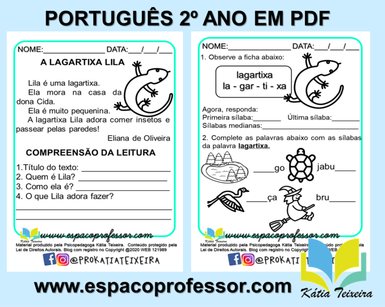 Português 2º ano -Atividades de alfabetização A lagartixa Lila