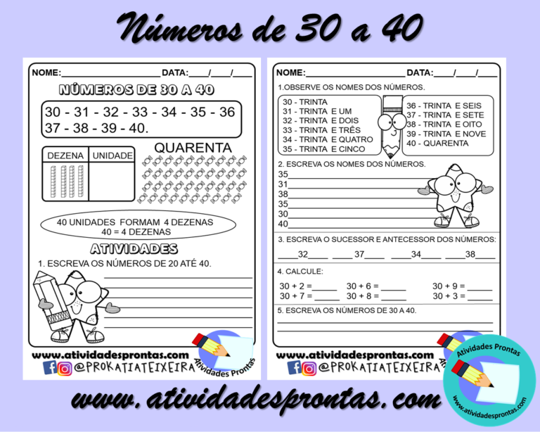 Atividades de matemática números de 30 a 40 para imprimir