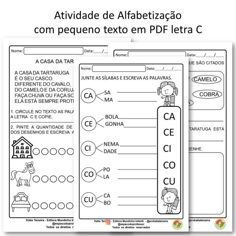 Atividade de Alfabetização com pequeno texto em PDF letra C