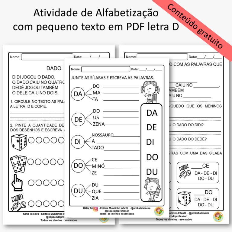 Atividades de Alfabetização com pequeno texto em PDF letra D