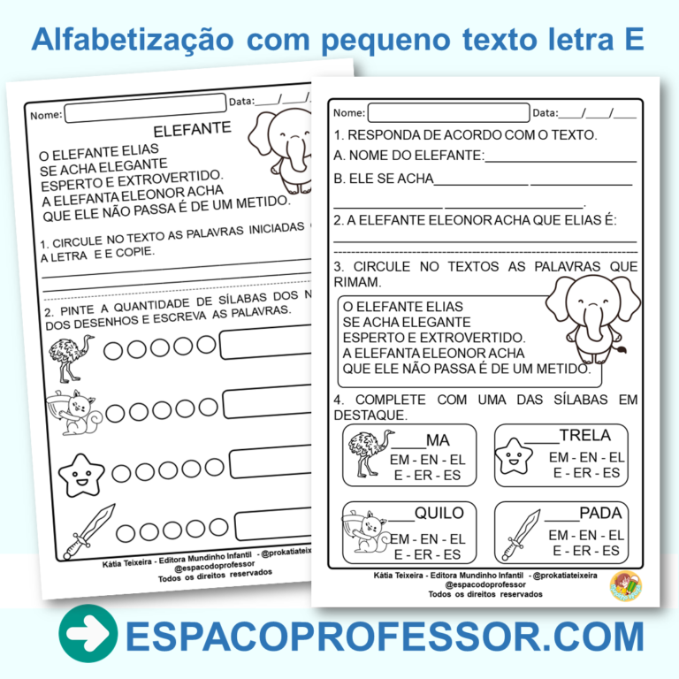 Atividades de Alfabetização com Pequeno Texto em PDF: Letra E