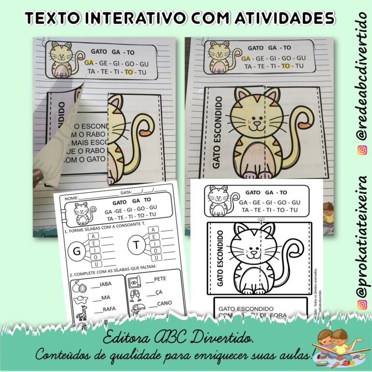 Atividades para alfabetizar crianças com pequeno texto gato escondido