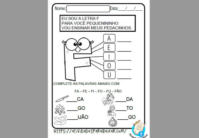 Atividade de alfabetização letra F em PDF para baixar