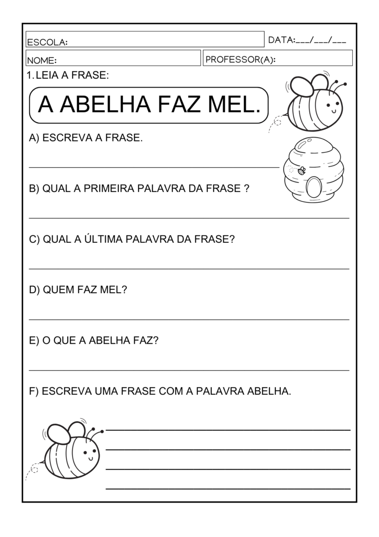 Atividade de alfabetização 1: Frase A abelha faz mel